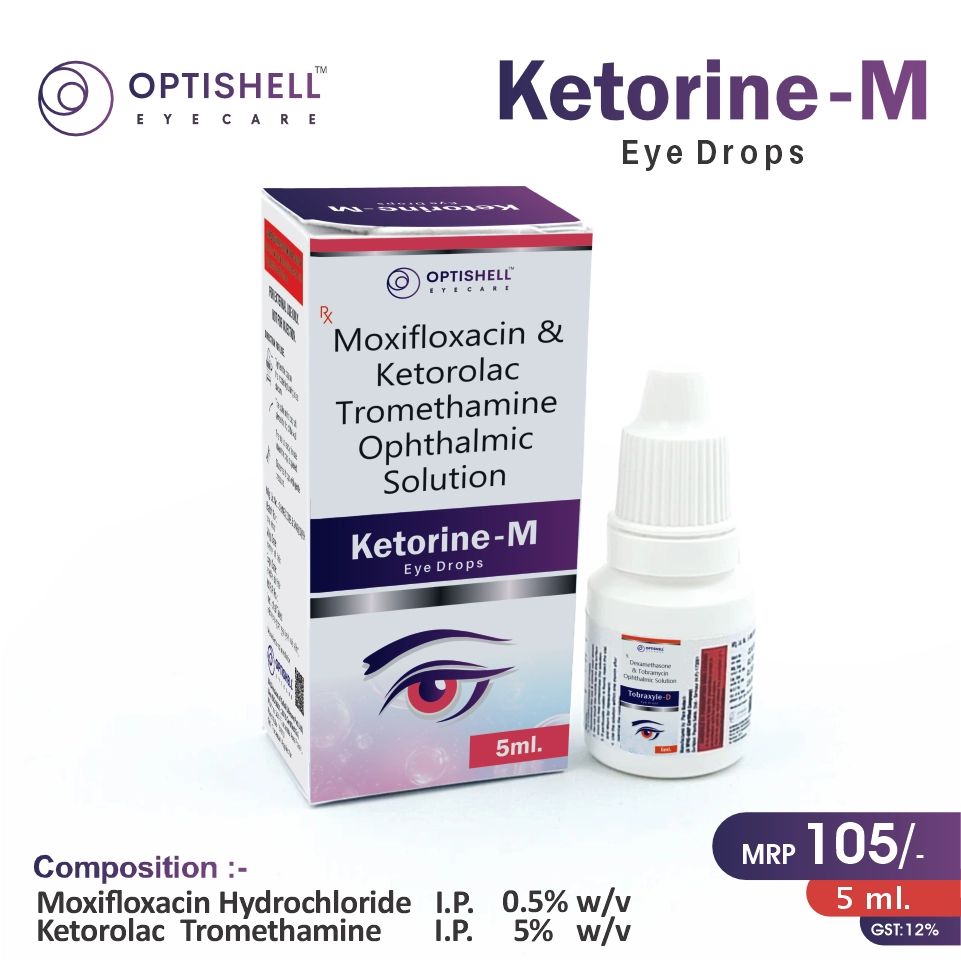 Ketorolac + Moxifloxacin Eye Drops at the best price in PCD Pharma Franchise for Analgesic/Antibiotic and Pain Relief and Bacterial Infection Treatment.